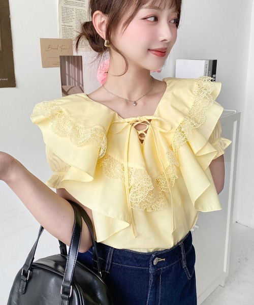 moment+ ブラウス シャツ ビッグカラーカスケードフリルレースアップ