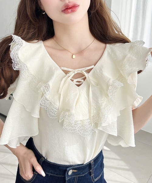 新品☆3L♪袖レースワンピ＆すけ感フリルブラウス♪フェミニンおしゃれ☆f229 KOBE LETTUCE（神戸レタス） ブラウス レースブラウス レディース 春 7