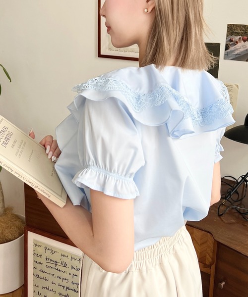 moment+ ブラウス シャツ ビッグカラーカスケードフリルレースアップ 