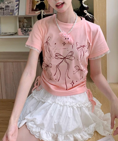 FUNdaysion tシャツ 半袖 リボンプリントドローストショートTシャツ
