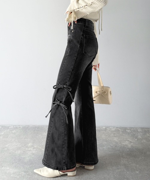 BELPER ベルパー サイド リボン デニム ジーンズ 黒 mily bilet ジーンズ デニム デニムパンツ 「mily bilet」美脚を