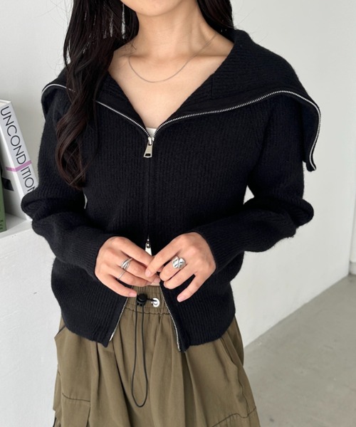 CLEA ニット セーター セーラーカラーダブルジップニットトップス