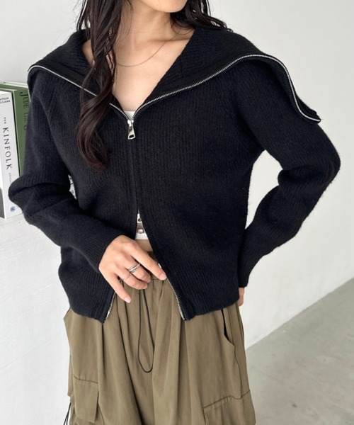 CLEA ニット セーター セーラーカラーダブルジップニットトップス