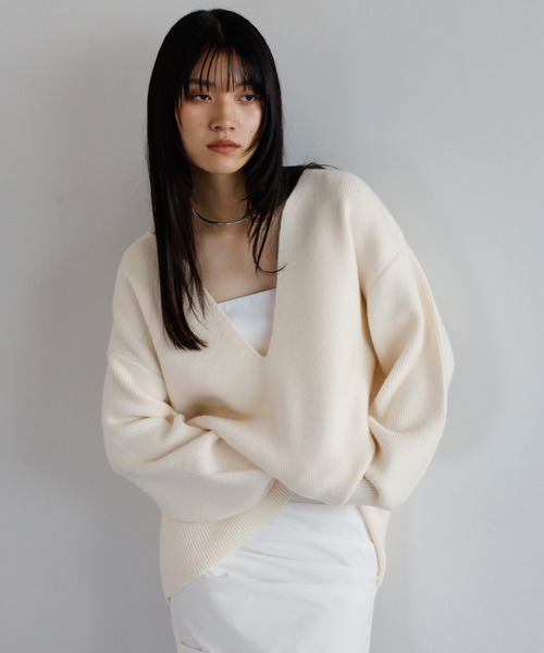 極美品 スローン ハイゲージＶネックニット オーバーサイズ 日本製 オフホワイト ENC ニット セーター deep V neck highgauge knit pullover / 深V