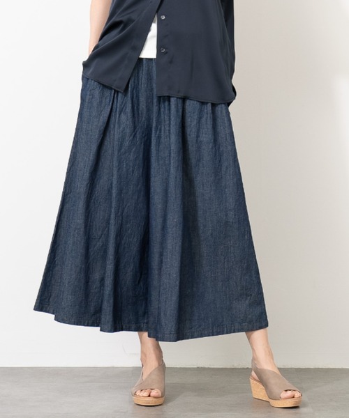 ワイドパンツ パンツ リネンコットンデニムガウチョパンツ レディース