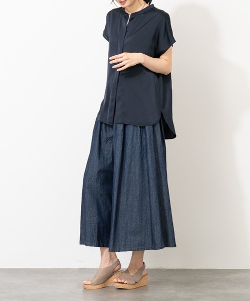 ワイドパンツ パンツ リネンコットンデニムガウチョパンツ レディース