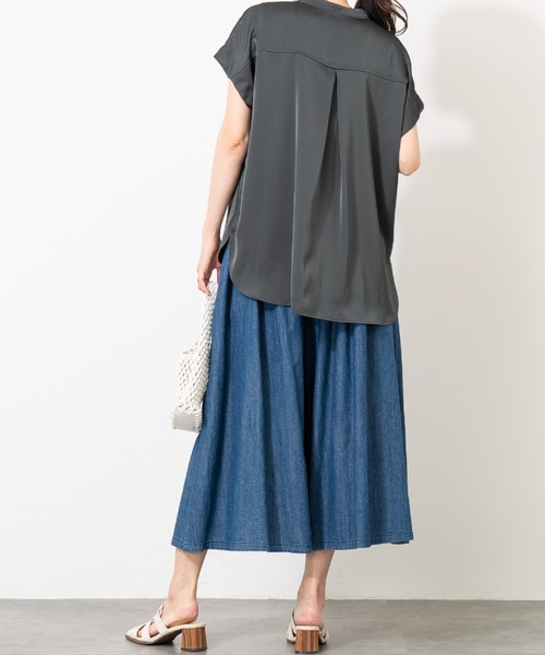 ワイドパンツ パンツ リネンコットンデニムガウチョパンツ レディース
