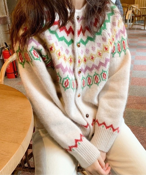 カーディガン フェアアイル柄ニットカーディガン レディース