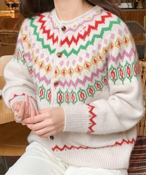 カーディガン フェアアイル柄ニットカーディガン レディース