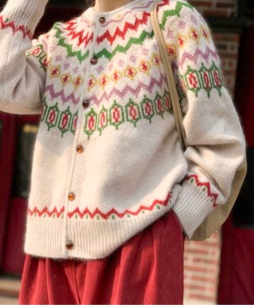 カーディガン フェアアイル柄ニットカーディガン レディース