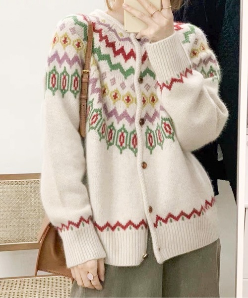 カーディガン フェアアイル柄ニットカーディガン レディース