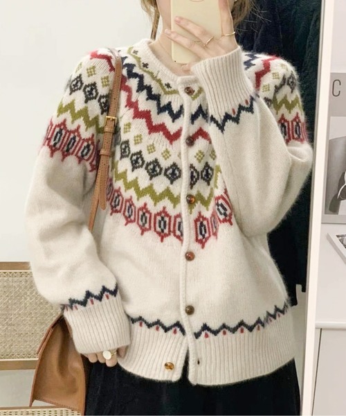 フェアアイルニットカーディガン カーディガン フェアアイル柄ニットカーディガン レディース