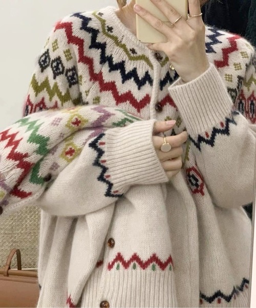カーディガン フェアアイル柄ニットカーディガン レディース