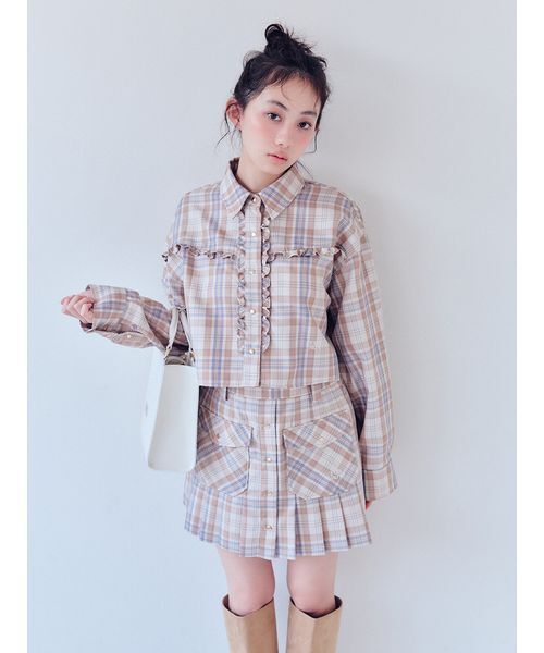 FURFUR（ファーファー） ブラウス シャツ チェック柄クロップドフリル