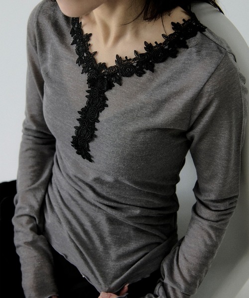 Ezick tシャツ flower lace trim sheer tee レーストリムシルキー