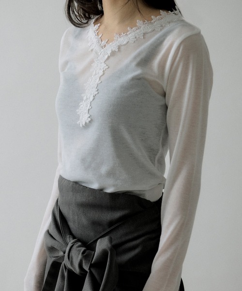 Ezick tシャツ flower lace trim sheer tee レーストリムシルキー
