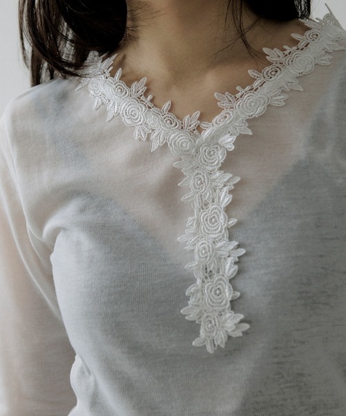 Ezick tシャツ flower lace trim sheer tee レーストリムシルキー