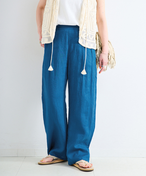 ワイドパンツ パンツ 「追加」「S/Mサイズ展開」手洗い可 / フレンチリネンストレートパンツ レディースの画像