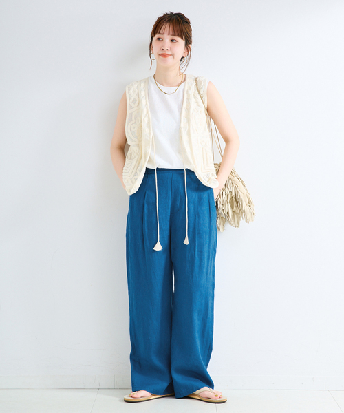 ワイドパンツ パンツ 「追加」「S/Mサイズ展開」手洗い可 / フレンチリネンストレートパンツ レディースの画像