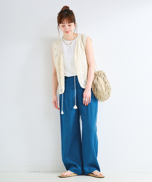 ワイドパンツ パンツ 「追加」「S/Mサイズ展開」手洗い可 / フレンチリネンストレートパンツ レディースの画像