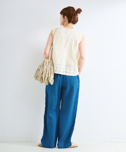 ワイドパンツ パンツ 「追加」「S/Mサイズ展開」手洗い可 / フレンチリネンストレートパンツ レディースの画像
