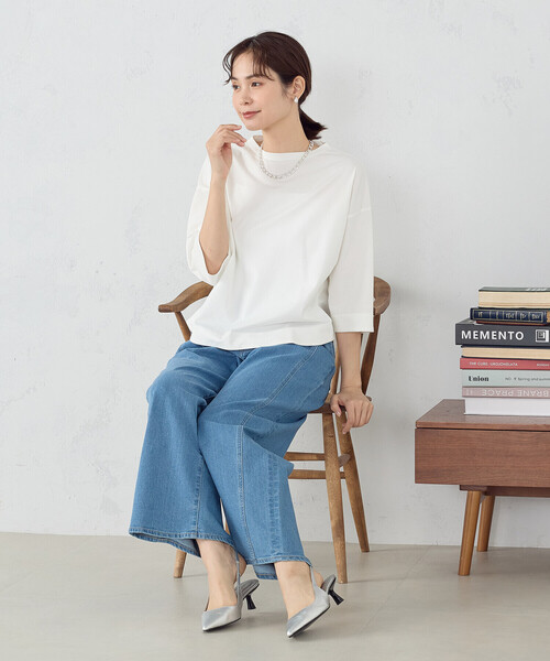 「COMME CA ISM」 7分袖カットソー MEDIUM ネイビー レディース_画像2