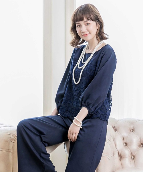 パンツドレス　Lサイズ　ネイビー 結婚式・お呼ばれ対応パンツドレス】レース7分袖トップス