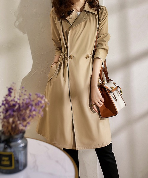トレンチコート コート ウエスト紐 ロングトレンチコート レディース
