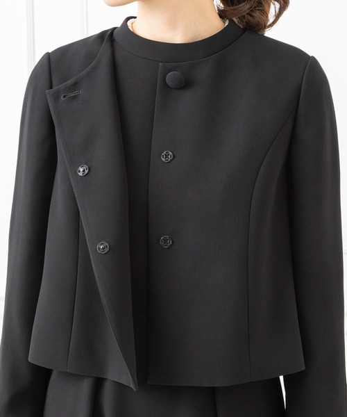 ノーカラージャケット ワンピース セットアップ セレモニー M グレイ ブラック CARETTE（カレット） セレモニースーツ セットアップ ノーカラー