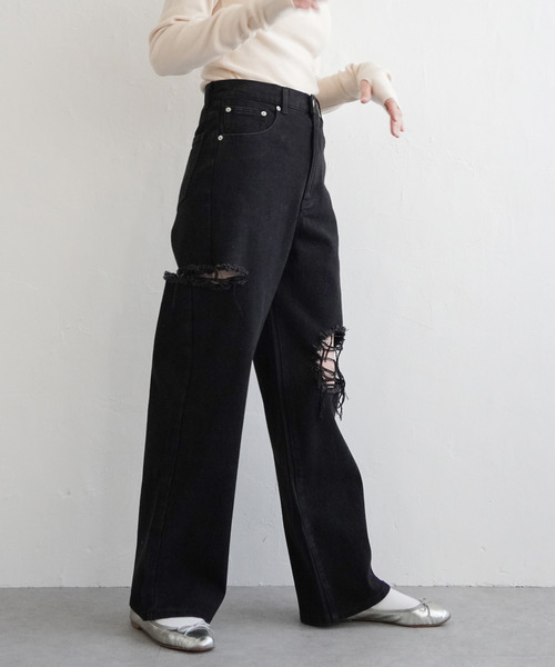 VETEMENTS ブラック ダメージ ワイドデニムパンツ VENCE EXCHANGE ジーンズ デニム デニムパンツ ダメージワイドデニム