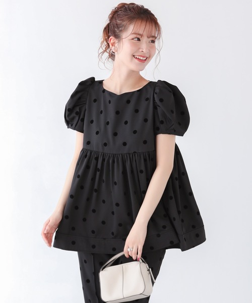 Fit more ブラウス シャツ ハートネックフロッキードット