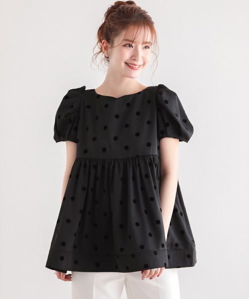 Fit more ブラウス シャツ ハートネックフロッキードット