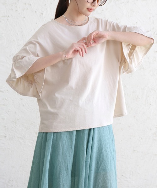 アイレネ フレア袖 カットソー 半袖 Tシャツ ジッパー付き 無地 シンプル 黒 アイレネ フレア袖 カットソー 半袖 Tシャツ ジッパー付き 無地