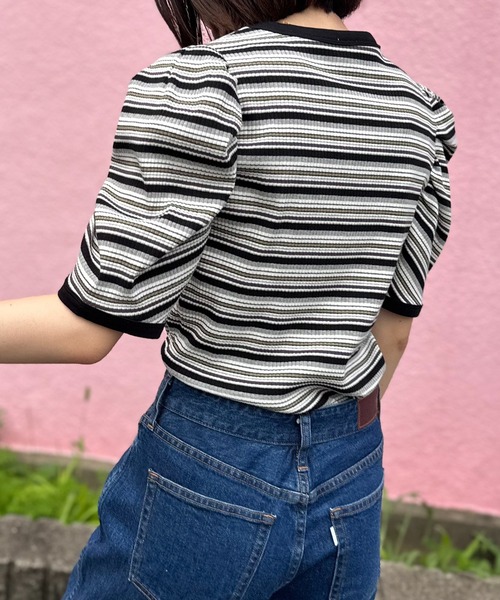 mi via loca tシャツ 半袖 マルチボーダーテレコ パフスリーブトップス
