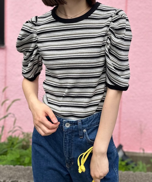 mi via loca tシャツ 半袖 マルチボーダーテレコ パフスリーブトップス