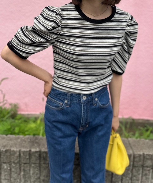 mi via loca tシャツ マルチボーダーテレコ パフスリーブトップス