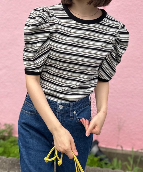 mi via loca tシャツ マルチボーダーテレコ パフスリーブ