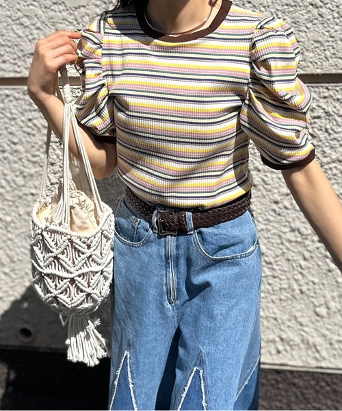 mi via loca tシャツ 半袖 マルチボーダーテレコ パフスリーブトップス