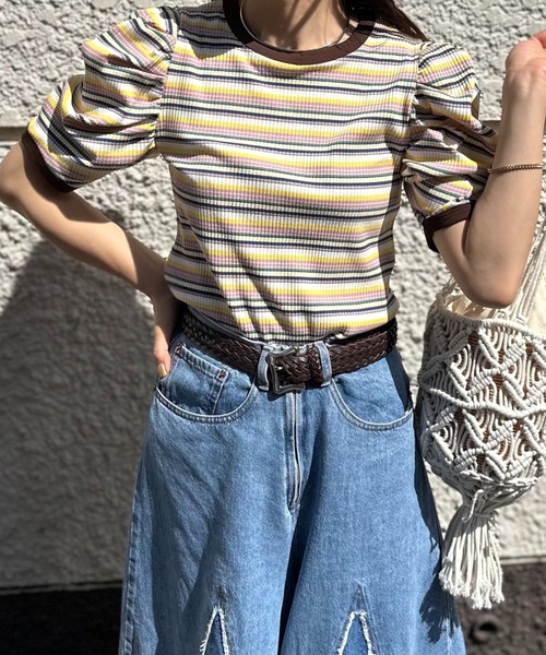 mi via loca tシャツ マルチボーダーテレコ パフスリーブトップス