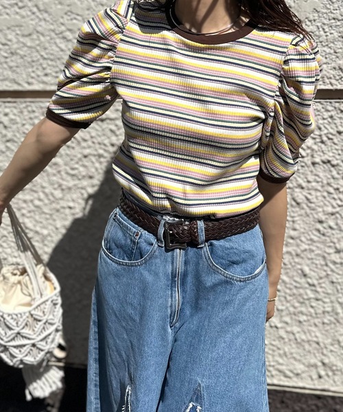 mi via loca tシャツ マルチボーダーテレコ パフスリーブトップス