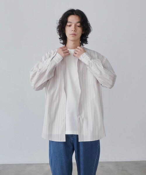 KUON（クオン）　ストライプパッチワーク　レギュラーカラーシャツ KUON（クオン） ストライプパッチワーク レギュラーカラーシャツ KUON