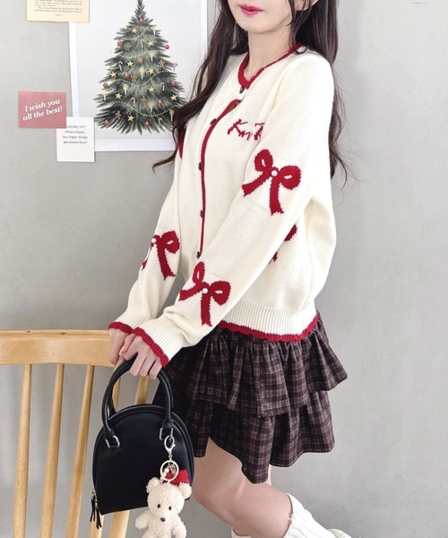 セット〉リボンジャガードロングパンツ カーディガン ホワイト セット