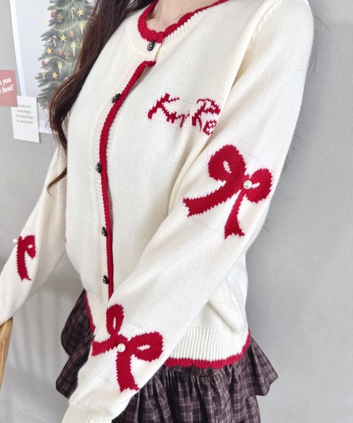Loueme カーディガン リボンジャガードバイカラーニットカーディガン