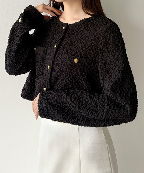 美品 ROPEゴールドボタンノーカラーブルゾン 定価41,800円 mipiarl tシャツ ぽこぽこ金ボタントップス(薄手、裏地なし