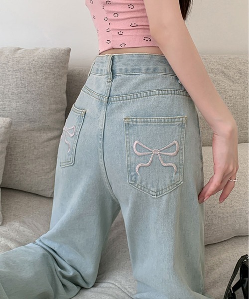 ワイドパンツ ジーンズ デニム デニムパンツ リボン 刺繍 ハイウエスト
