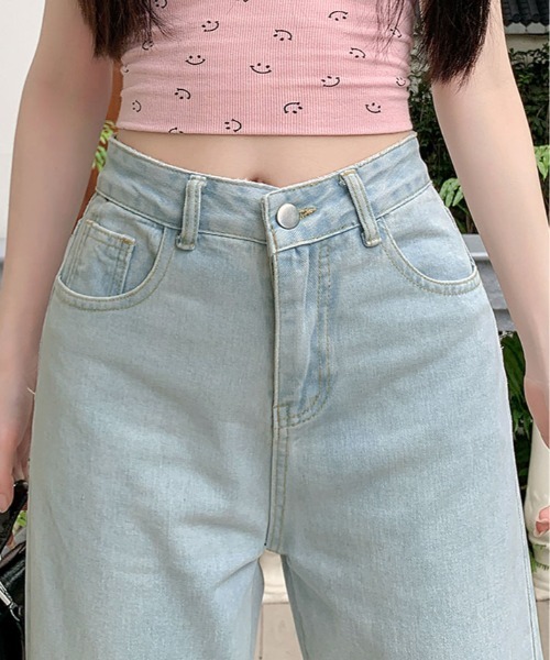 ワイドパンツ ジーンズ デニム デニムパンツ リボン 刺繍 ハイウエスト