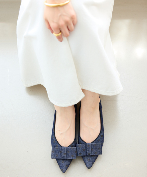 LE TALON シューズ ポインテッドプレートリボンフラット