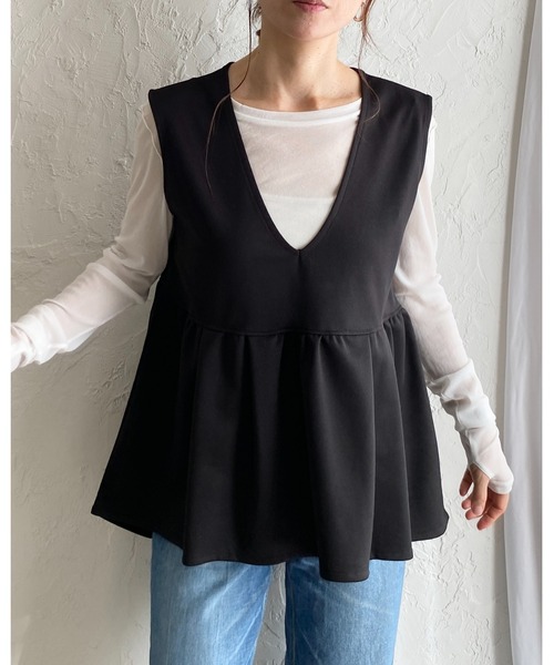 She's Closet ベスト ジレ 深Vネックハイウエストタック切り替え