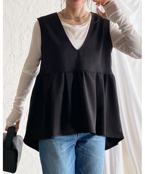 She's Closet ベスト ジレ 深Vネックハイウエストタック切り替えフレア
