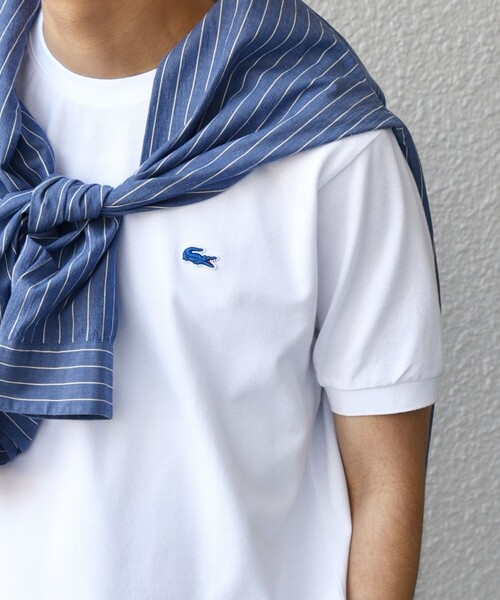 Lacoste☆ラコステ スタジャン ワンポイント ワッペンロゴ L 青/白 LACOSTE LIVE ラコステ ロゴワッペン 切替 ウールニット